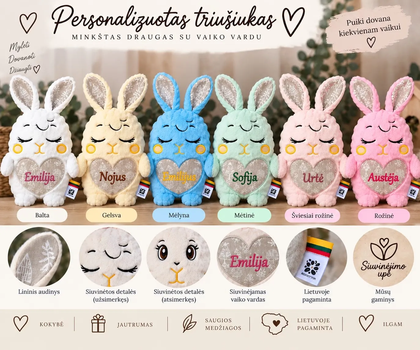Personalizuotas siuvinėtas triušiukas dovanų dėžutėje